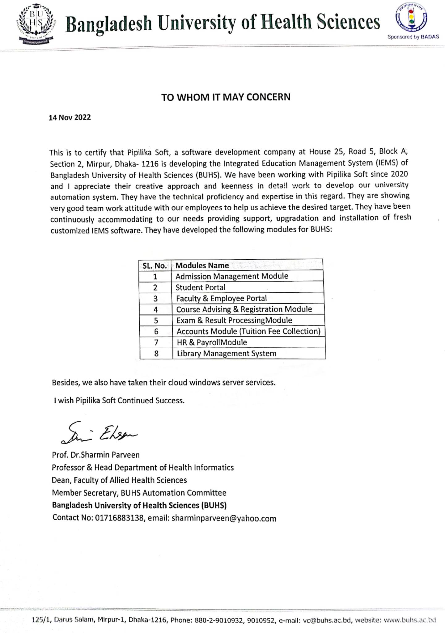 Bangladesh University of Health Sciences (BUHS) - Pipilika Soft